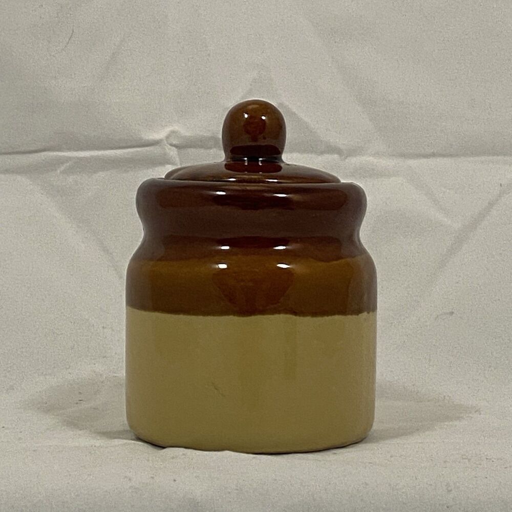 Vintage Brown & Tan Crock Stoneware Pottery Jar With Lid, Small, Unbranded